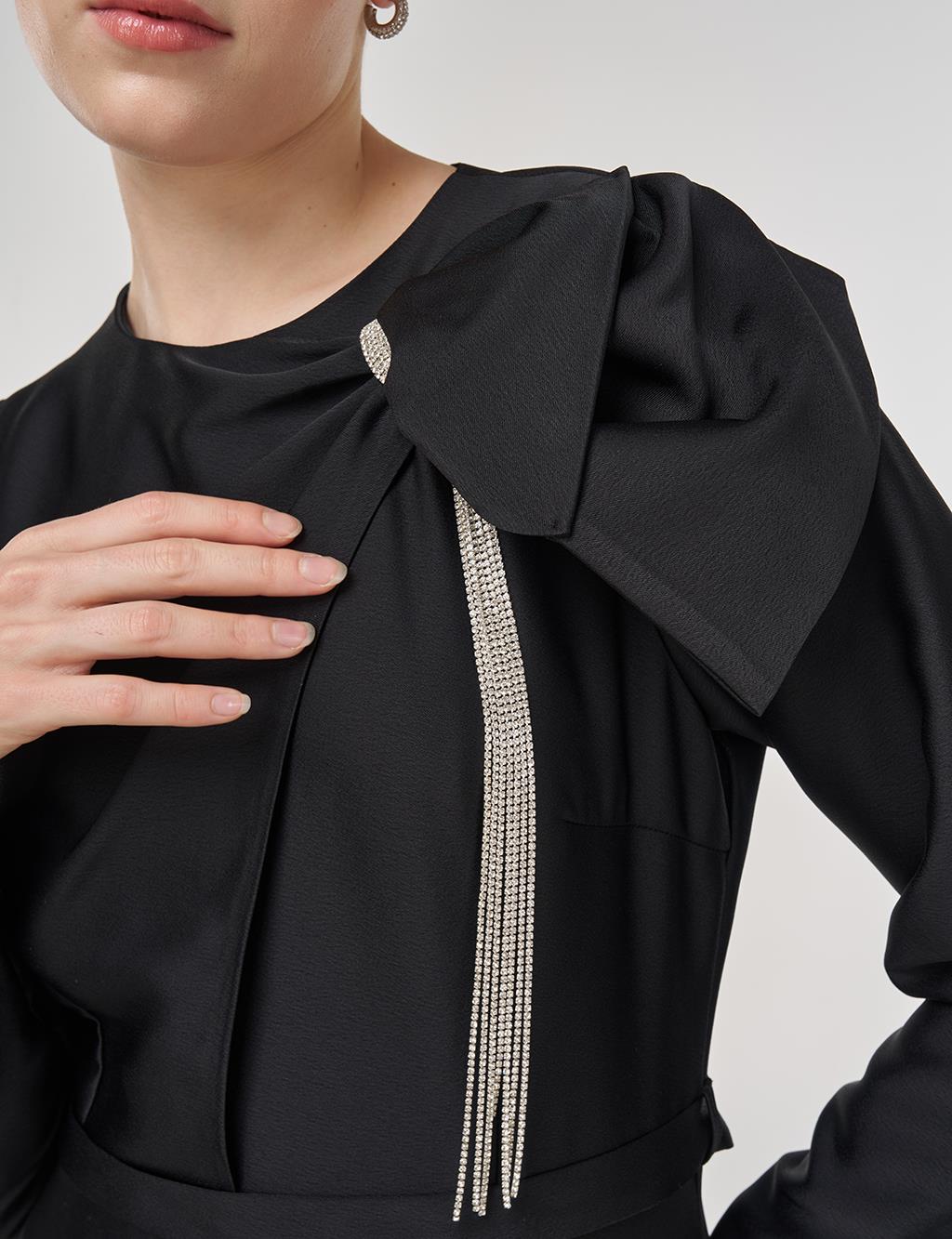Embroidered Satin Dress Black