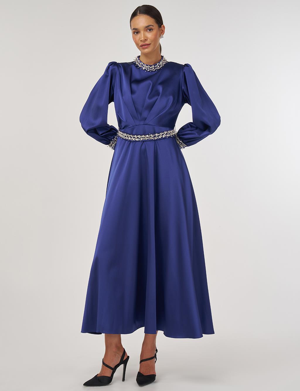 Draped Embroidered Satin Dress Navy 