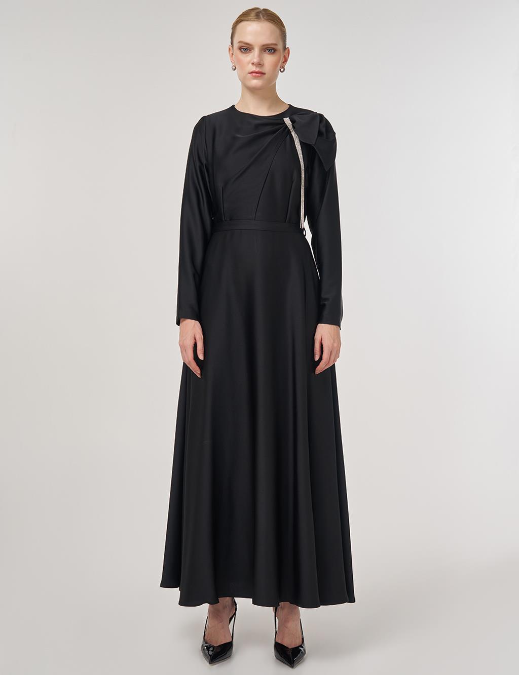Embroidered Satin Dress Black
