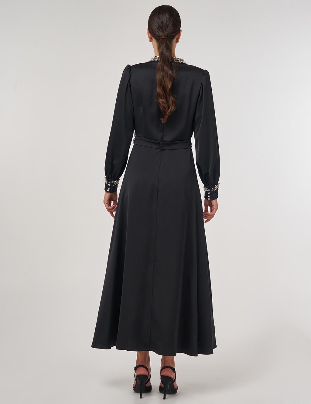 Draped Embroidered Satin Dress Black