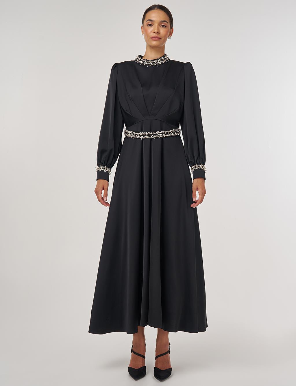 Draped Embroidered Satin Dress Black