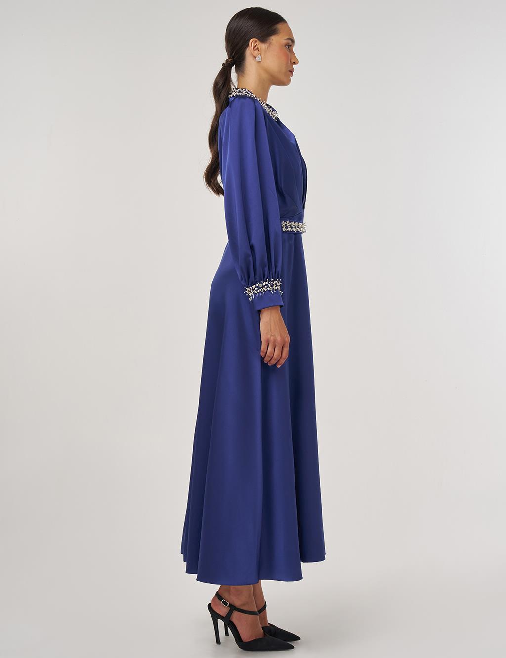 Draped Embroidered Satin Dress Navy 