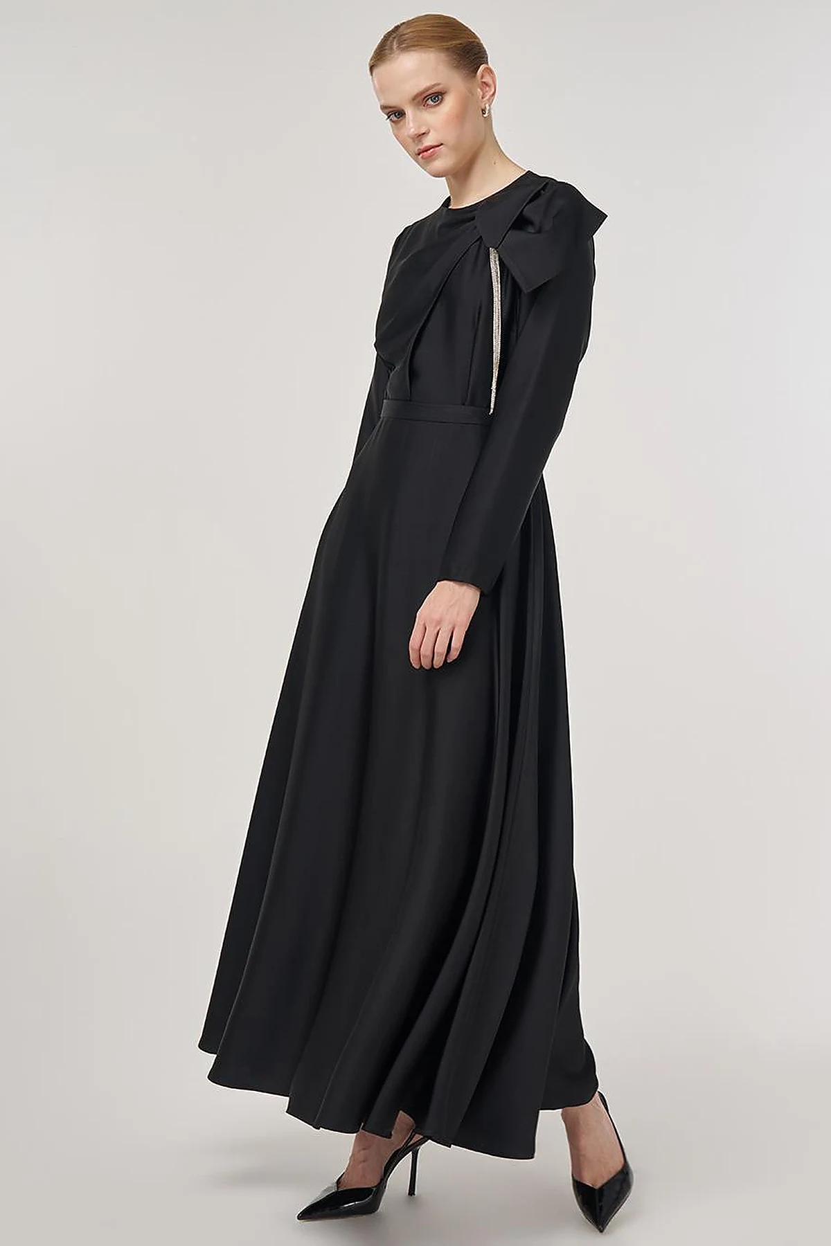 Embroidered Satin Dress Black