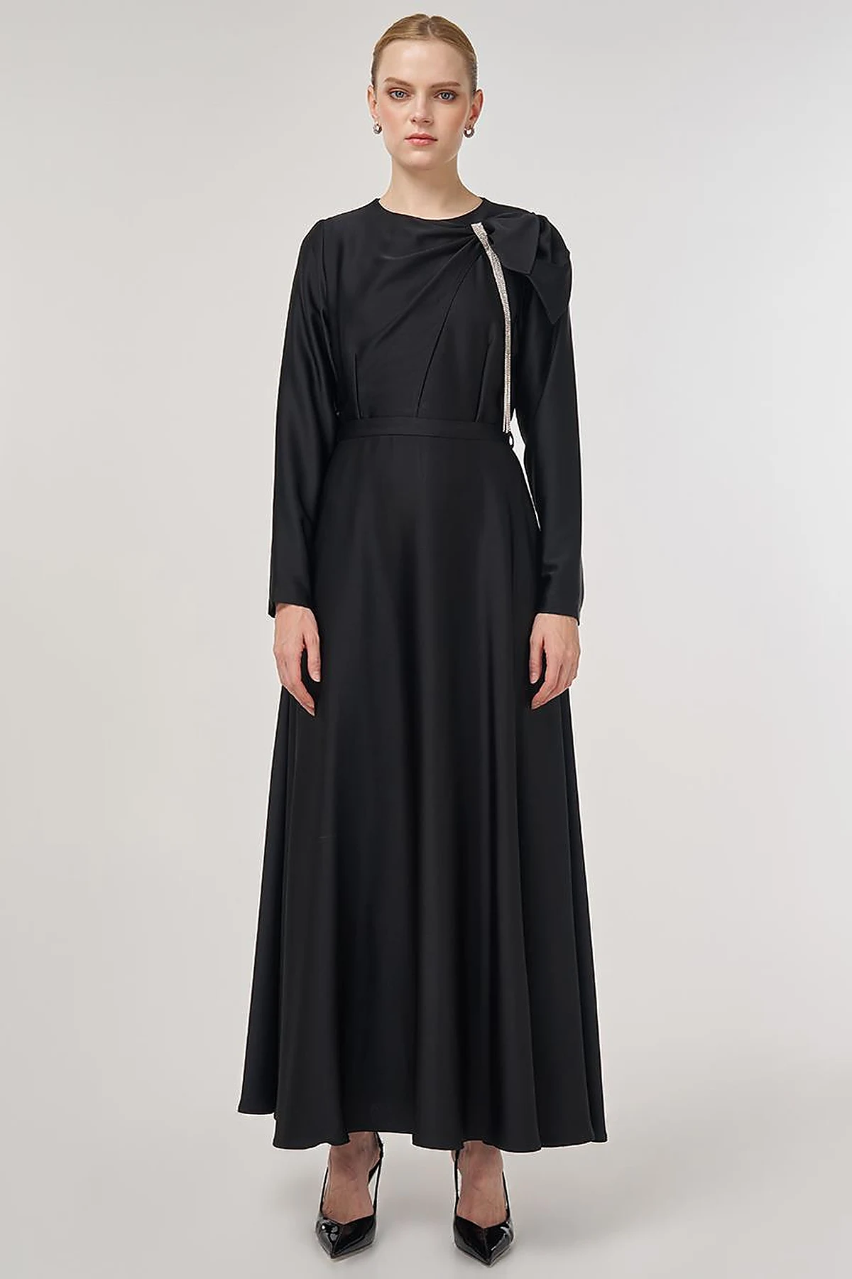 Embroidered Satin Dress Black