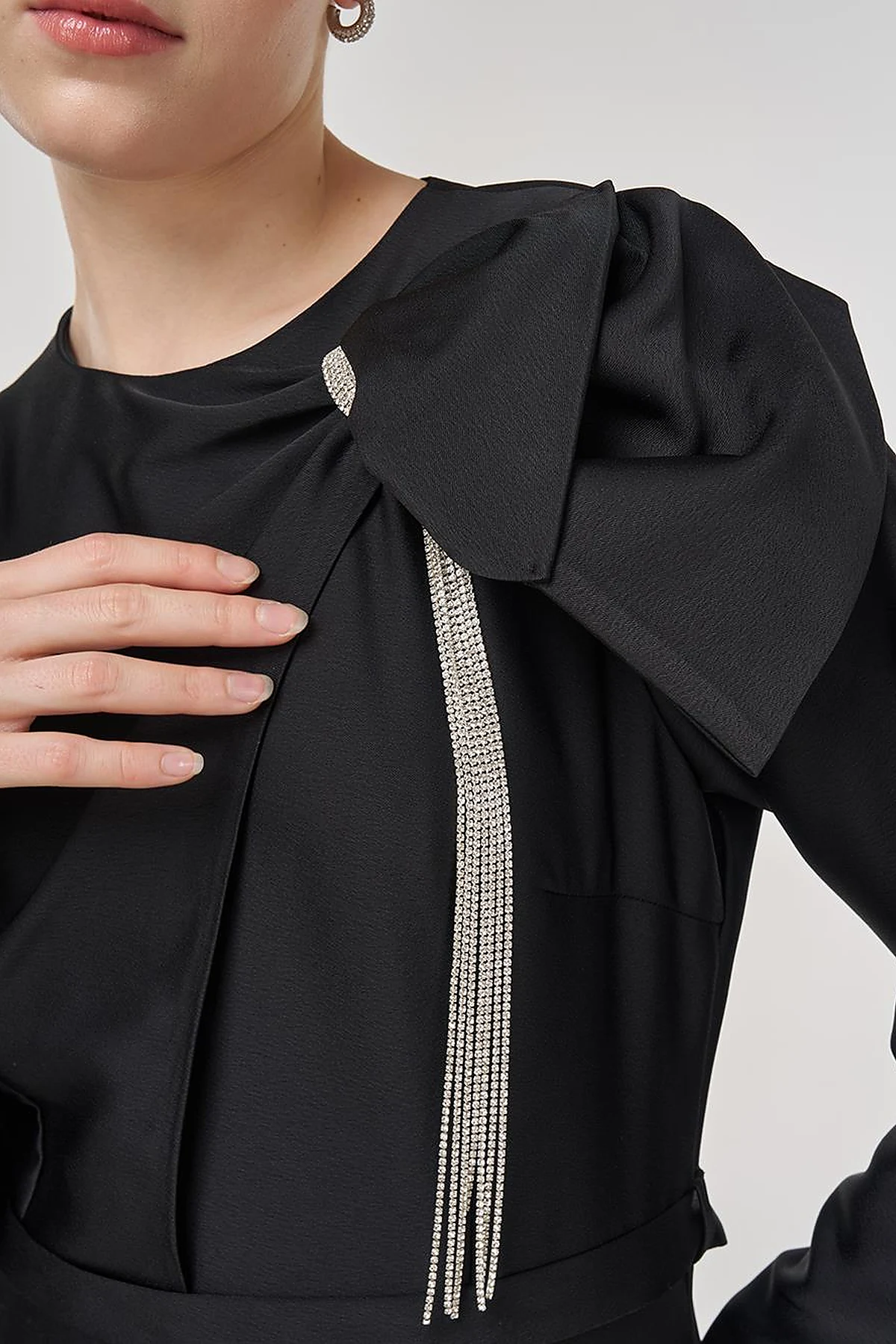 Embroidered Satin Dress Black