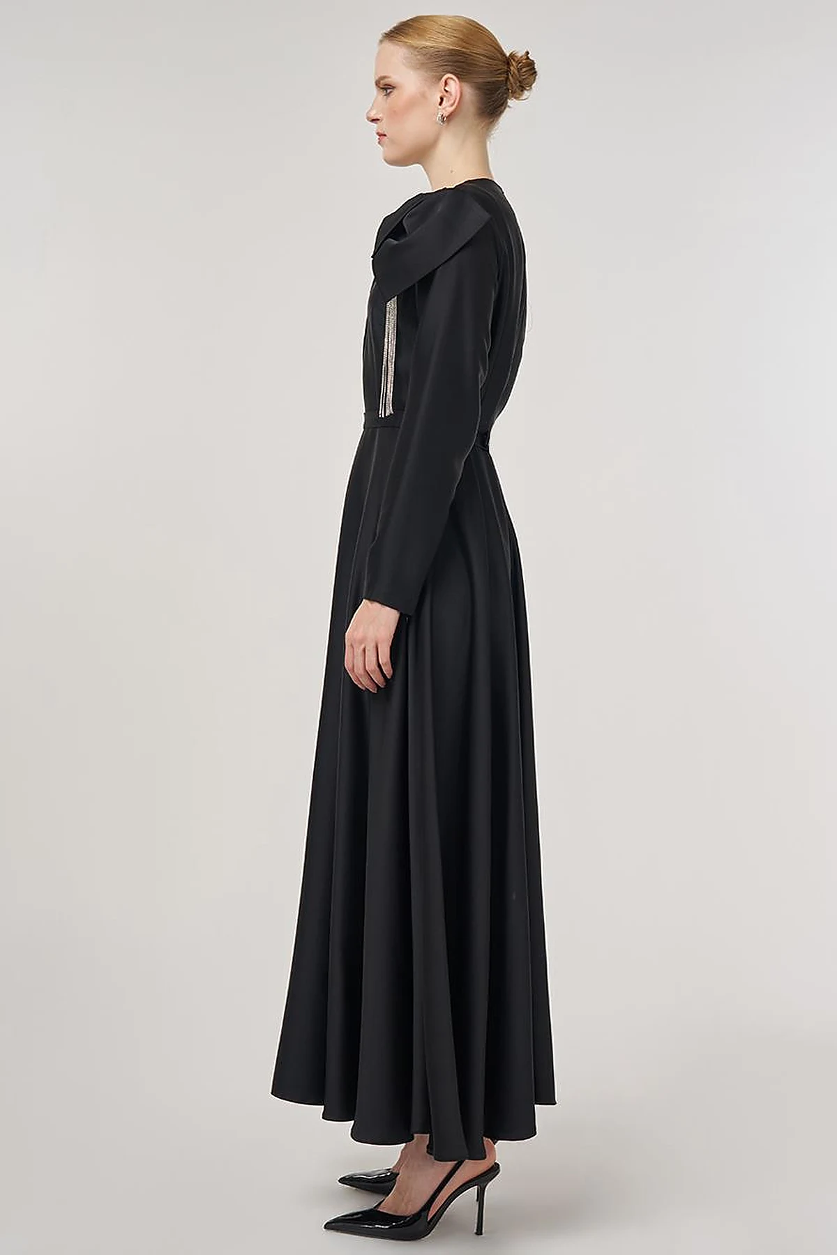 Embroidered Satin Dress Black
