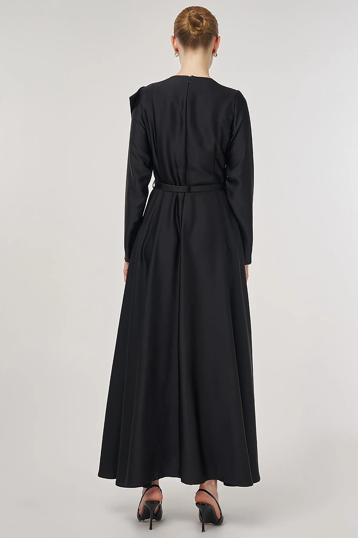 Embroidered Satin Dress Black