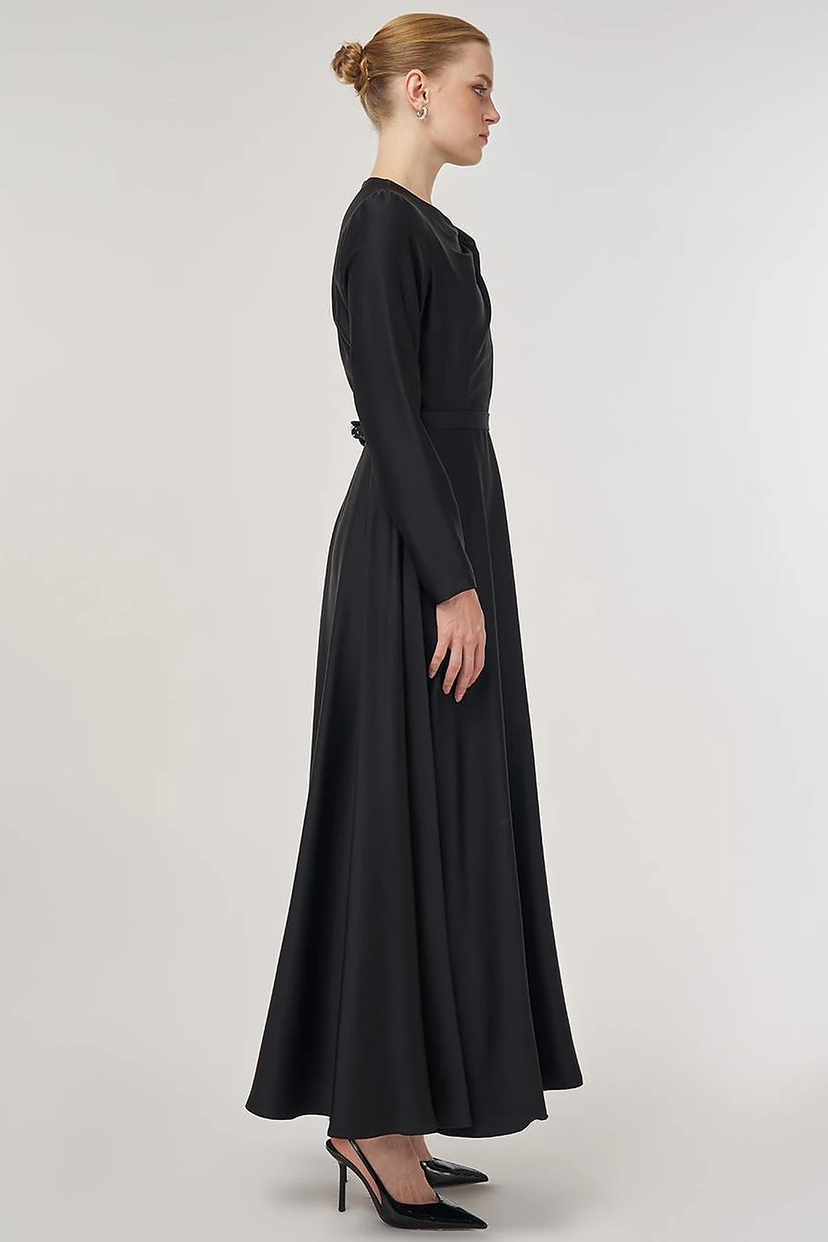 Embroidered Satin Dress Black