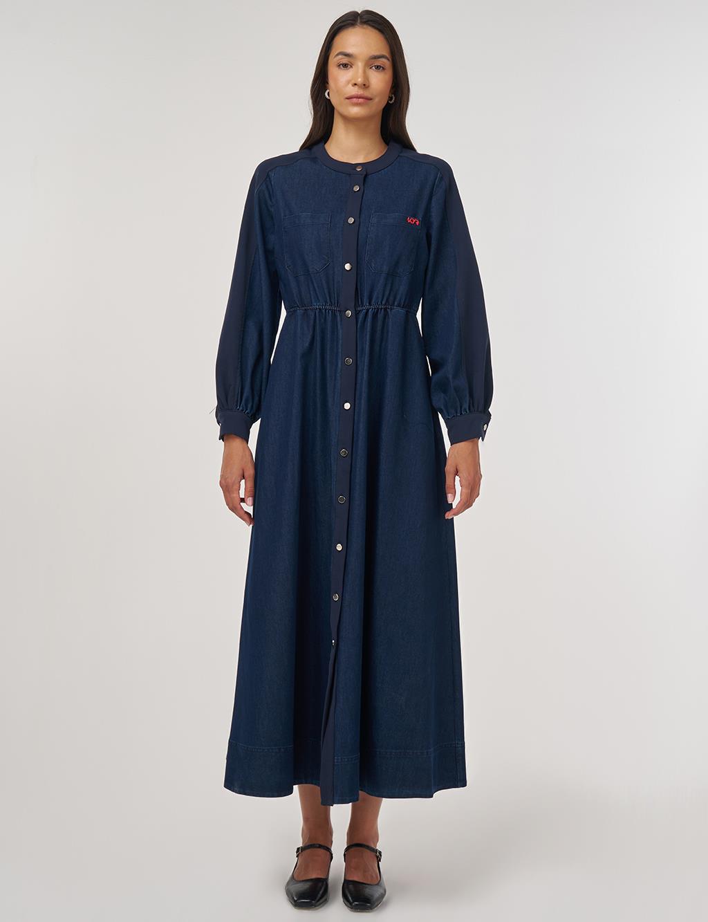 Elastic Waist Denim Dress Navy
