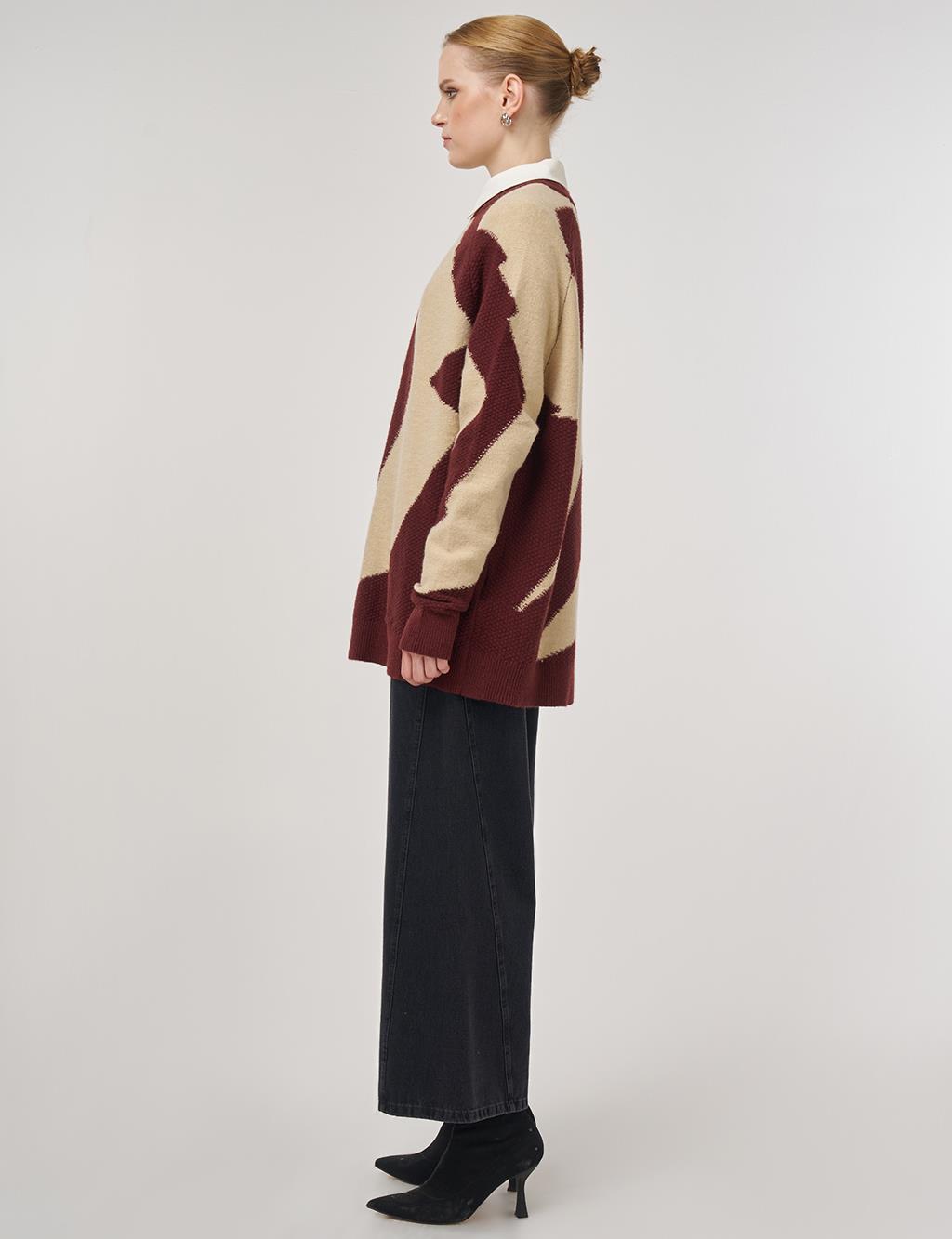 Renk Bloklu Triko Tunik Krem 