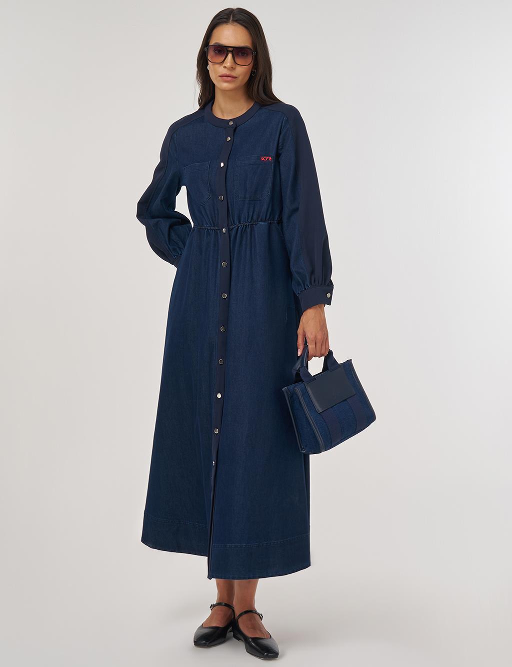 Elastic Waist Denim Dress Navy