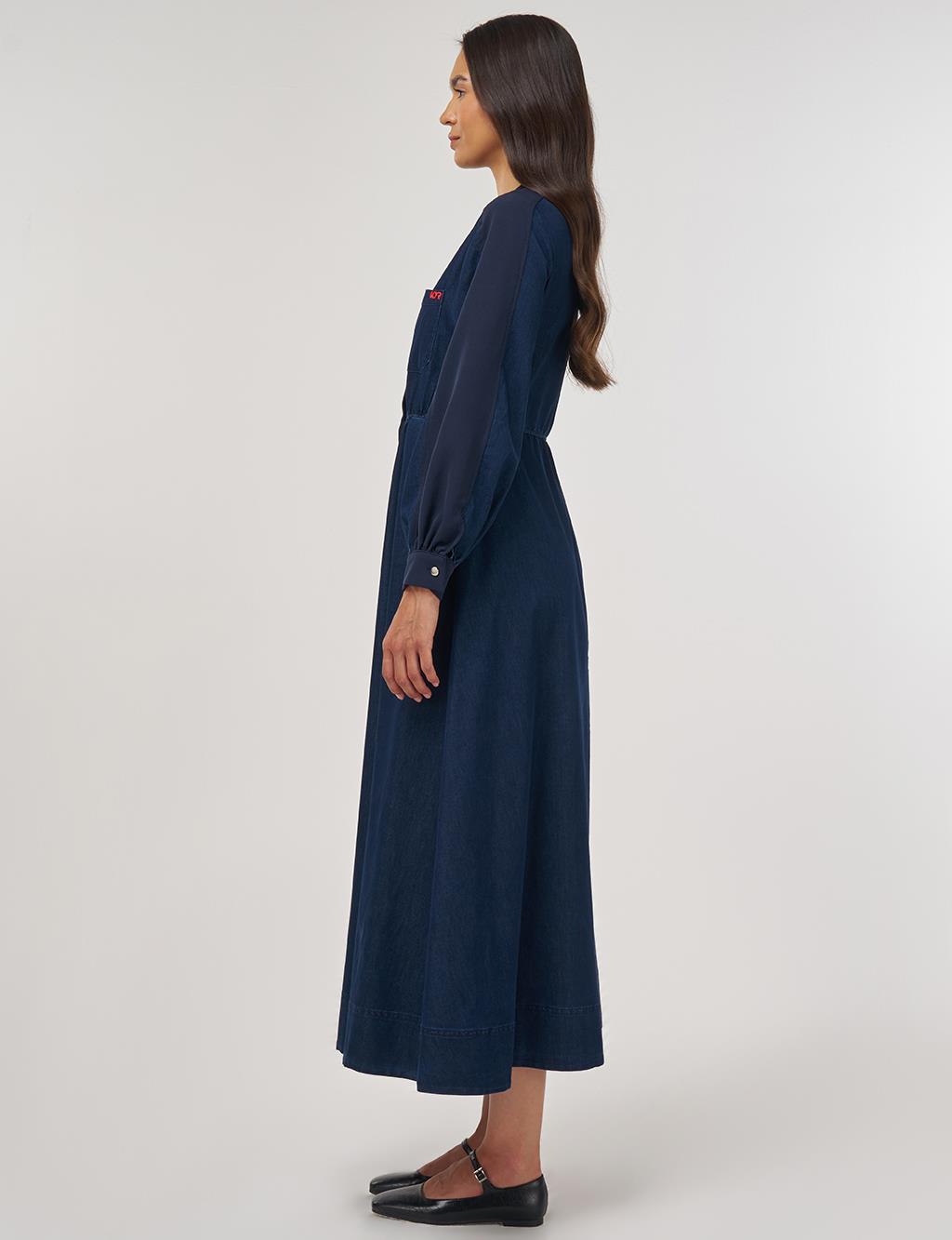 Elastic Waist Denim Dress Navy