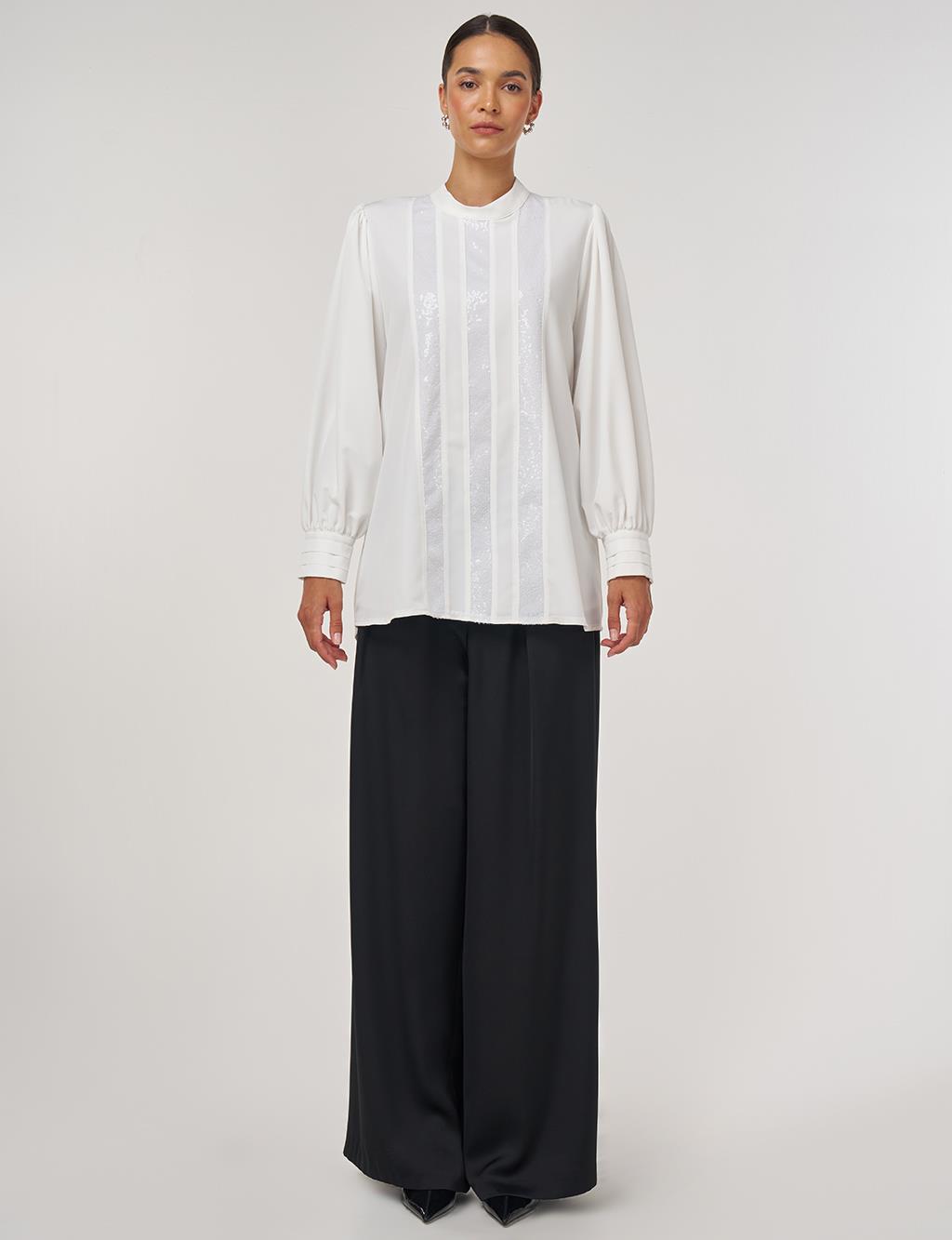 Sequin-Embroidered Elegant Blouse Ecru