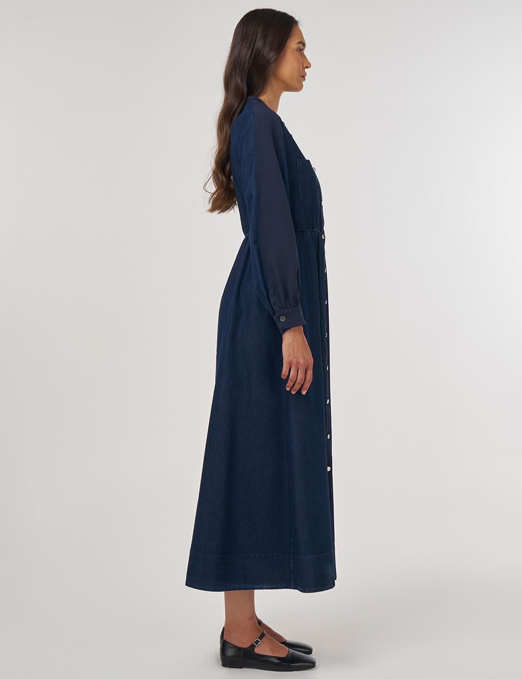 Elastic Waist Denim Dress Navy