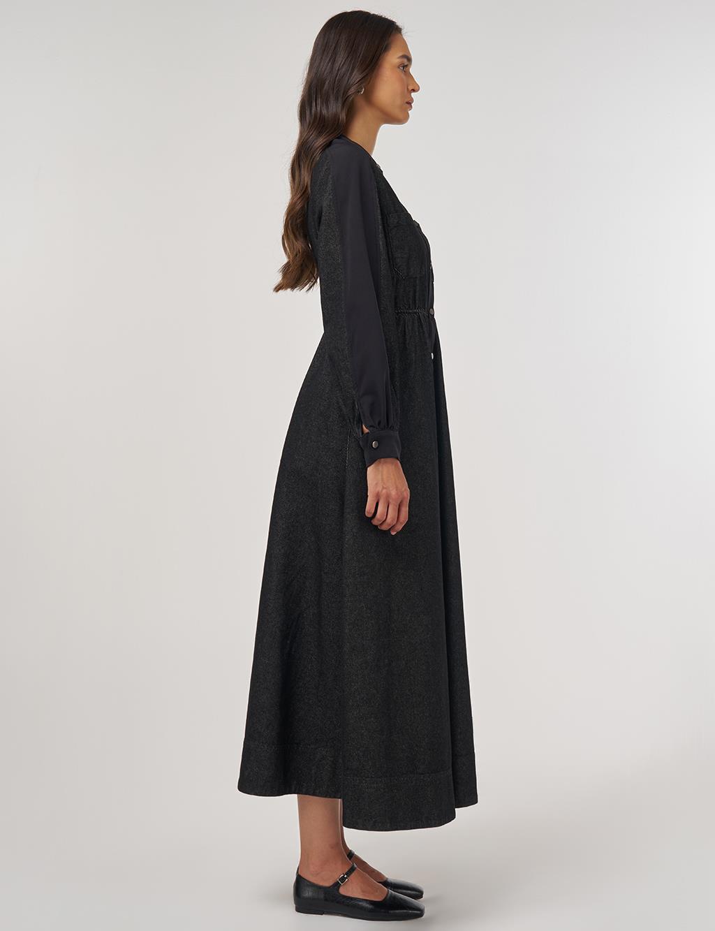 Elastic Waist Denim Dress Black 