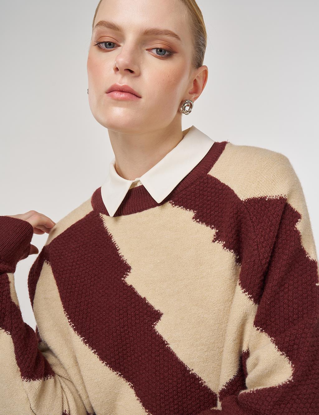 Renk Bloklu Triko Tunik Krem 