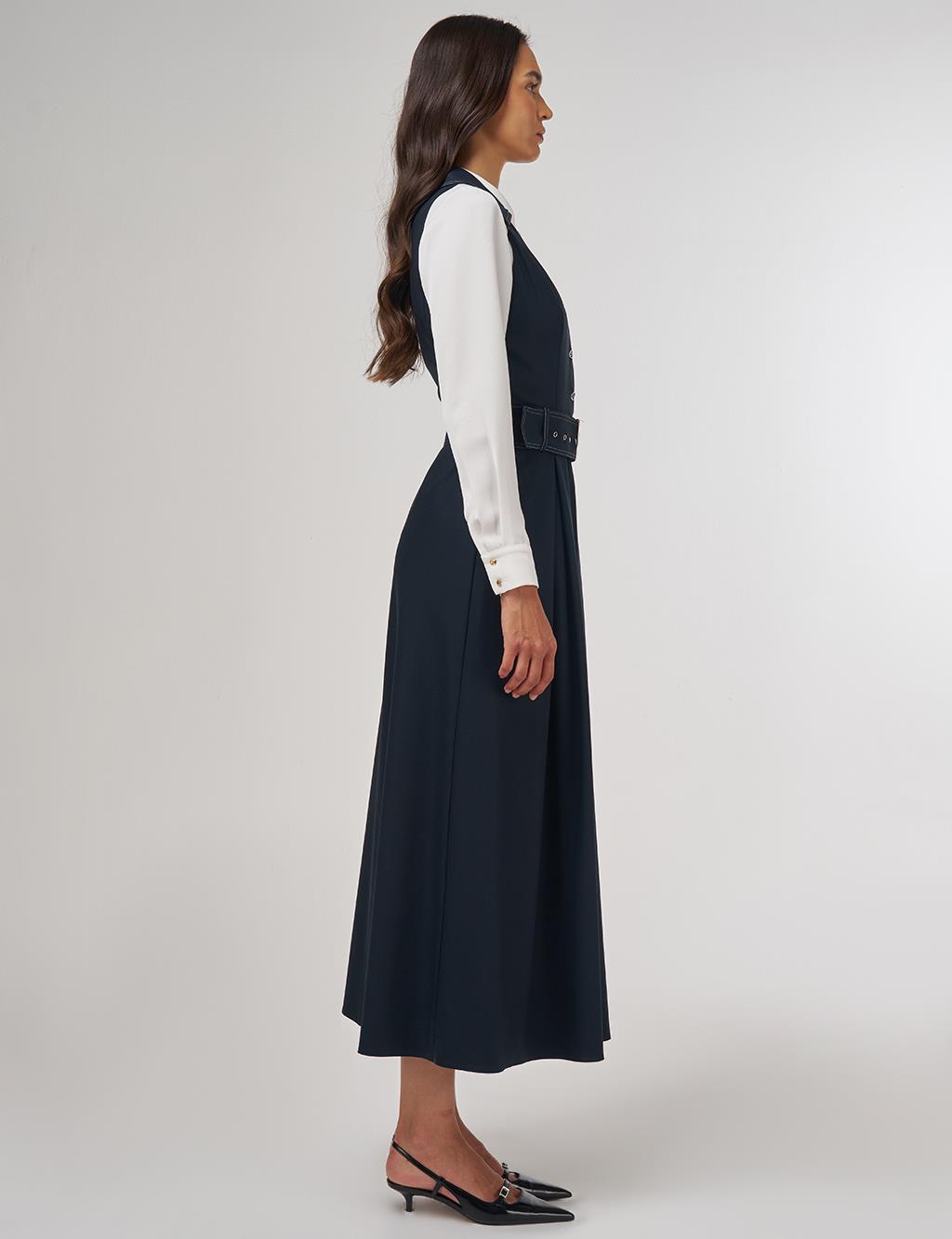 Belted Viscose Dress Dark Navy Blue 