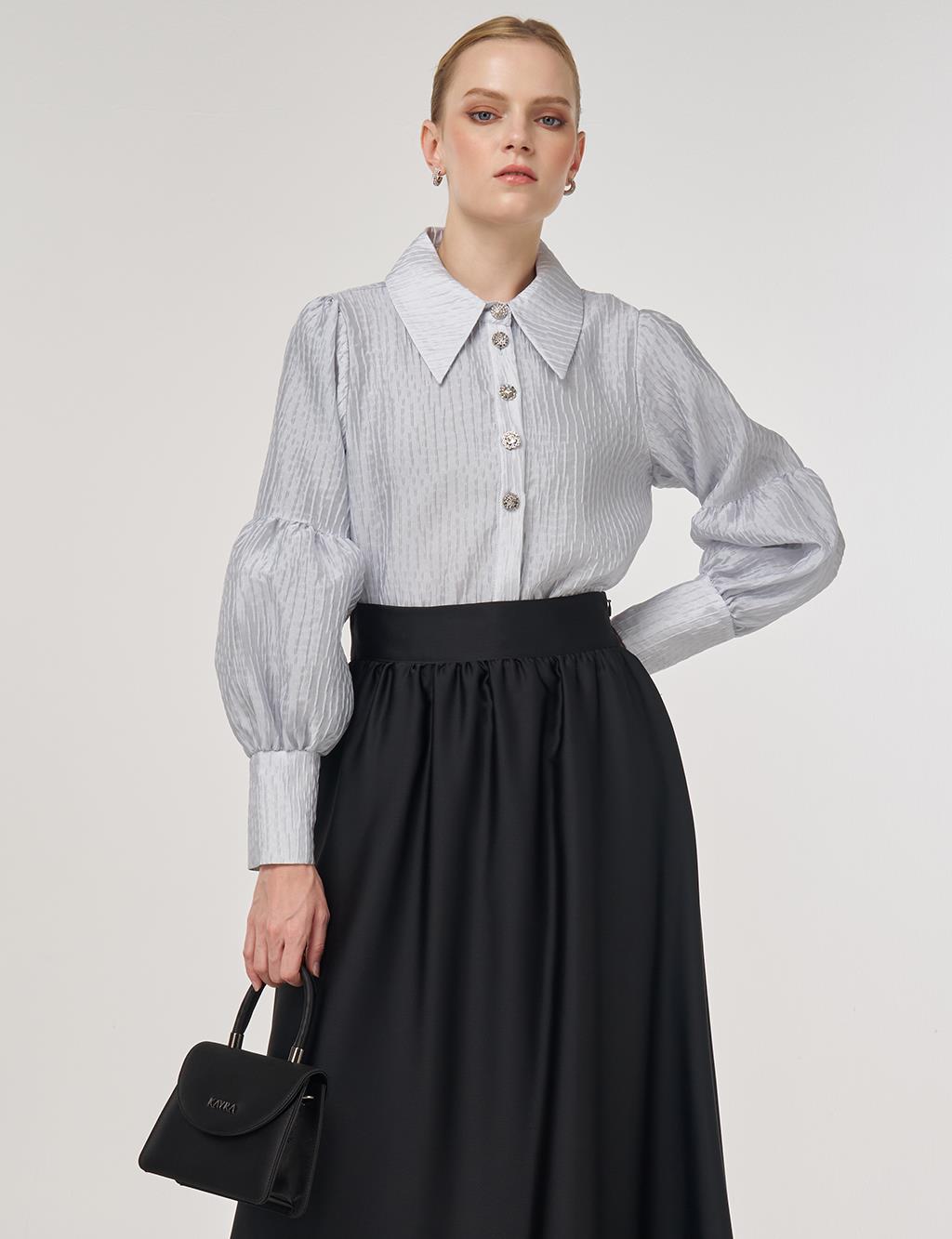 Shiny Button Elegant Blouse Blue 