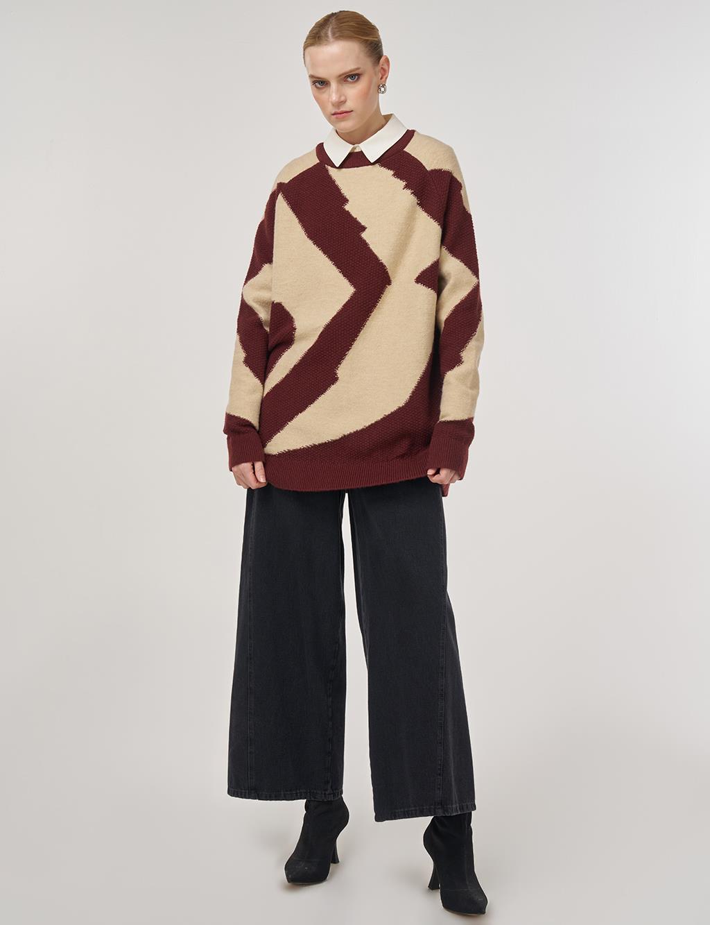 Renk Bloklu Triko Tunik Krem 