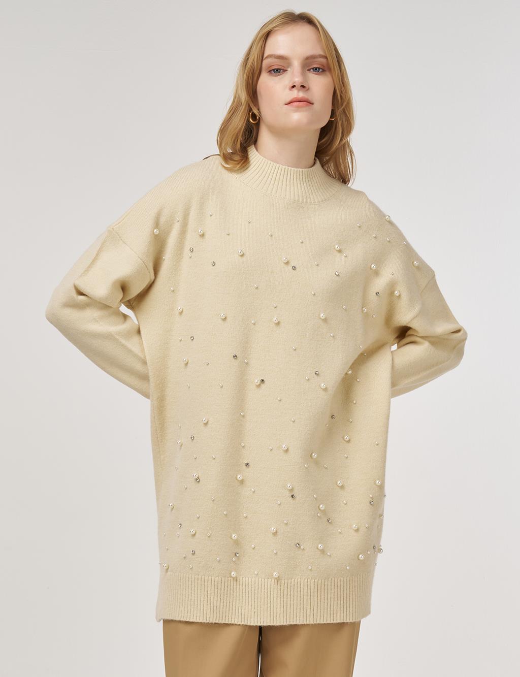 Pearl-Embellished Knit Tunic Cream