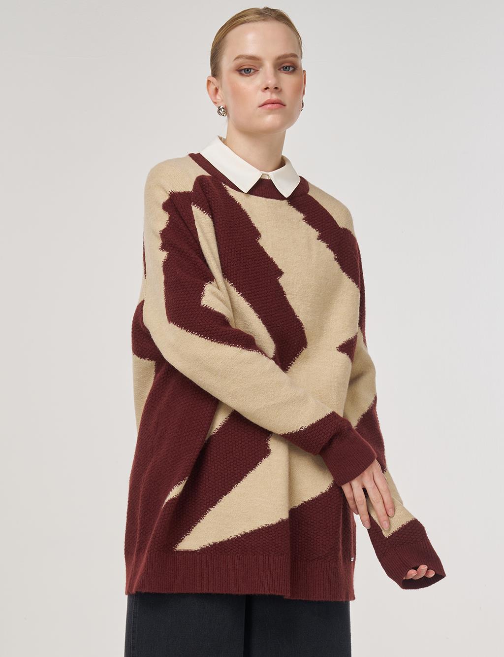 Renk Bloklu Triko Tunik Krem 