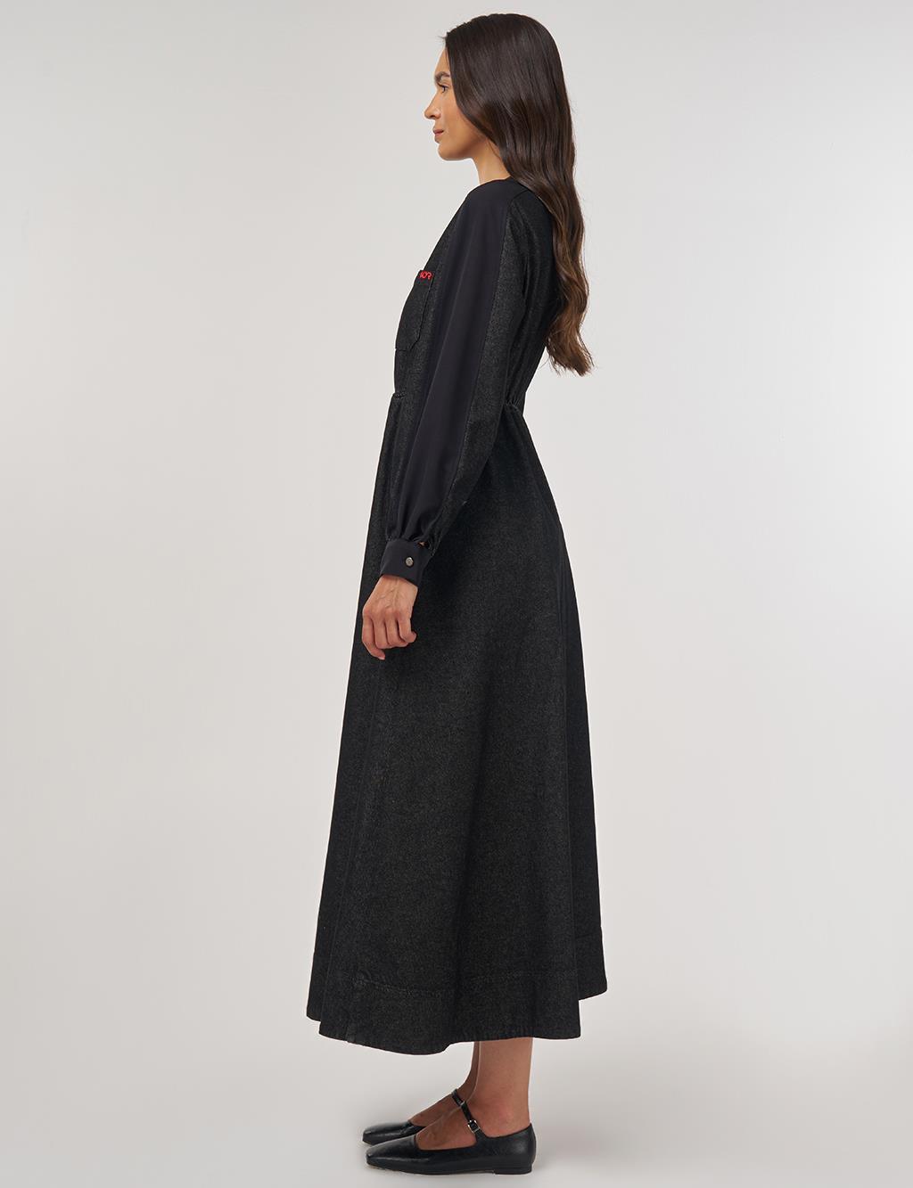 Elastic Waist Denim Dress Black 