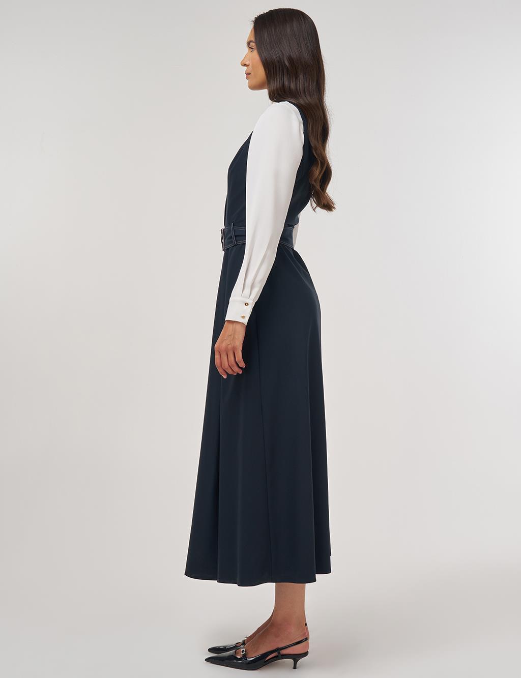 Belted Viscose Dress Dark Navy Blue 