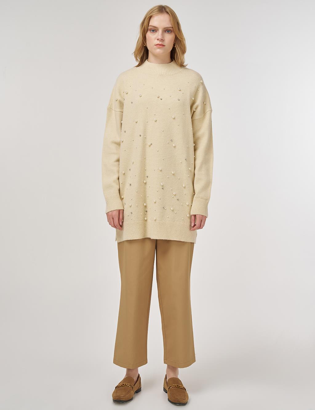 Pearl-Embellished Knit Tunic Cream