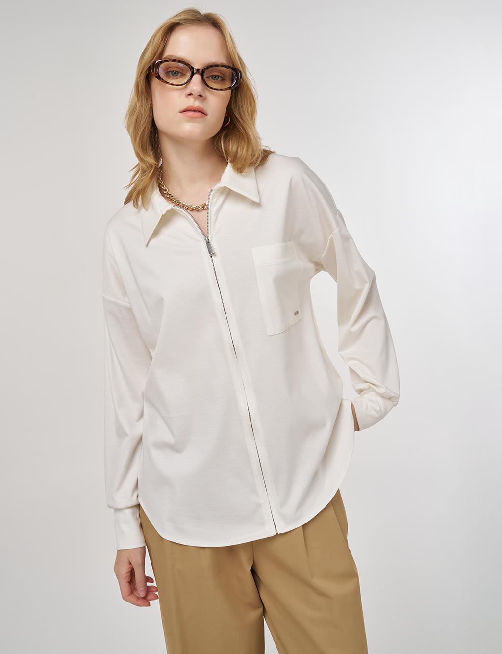 Zip-Closure Jersey Tunic Optical White