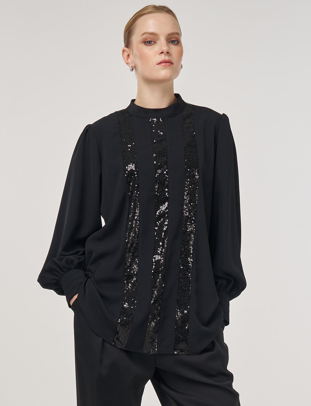 Sequin-Embroidered Elegant Blouse Black