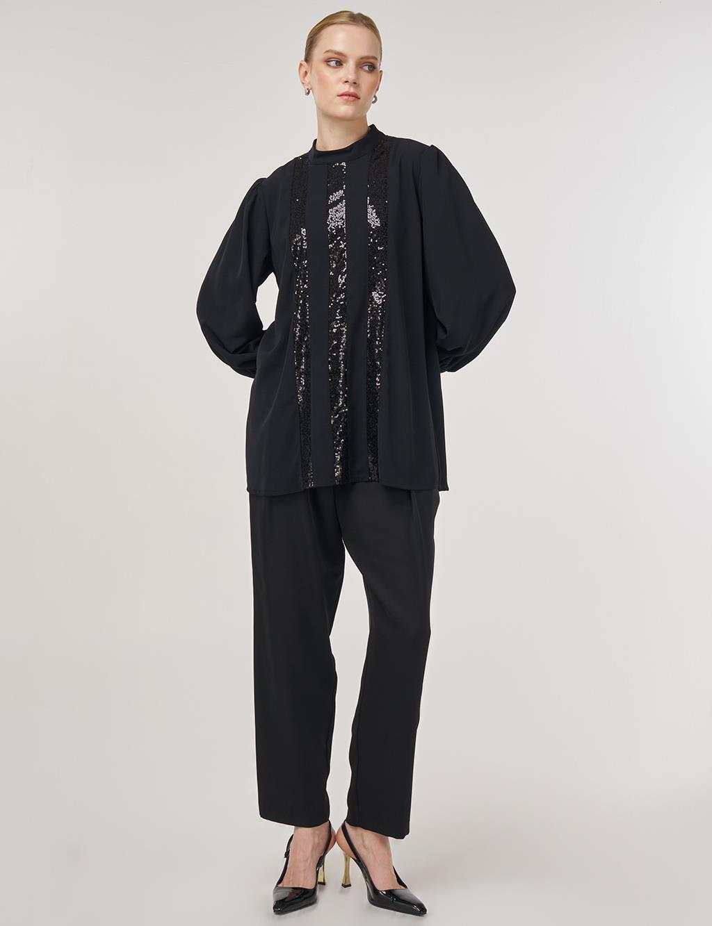 Sequin-Embroidered Elegant Blouse Black