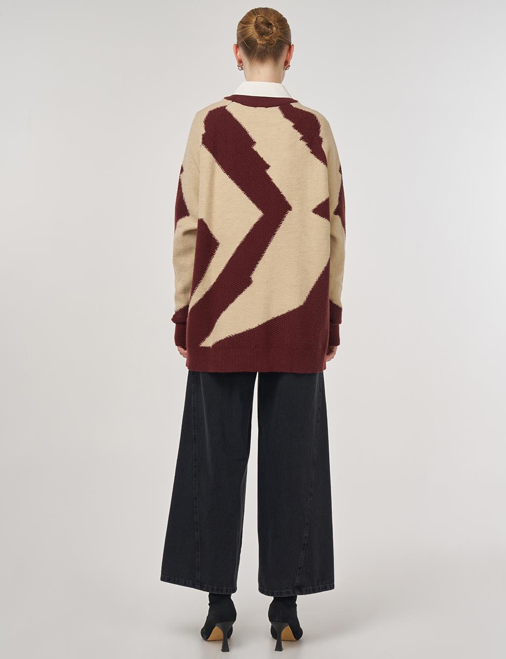 Renk Bloklu Triko Tunik Krem 