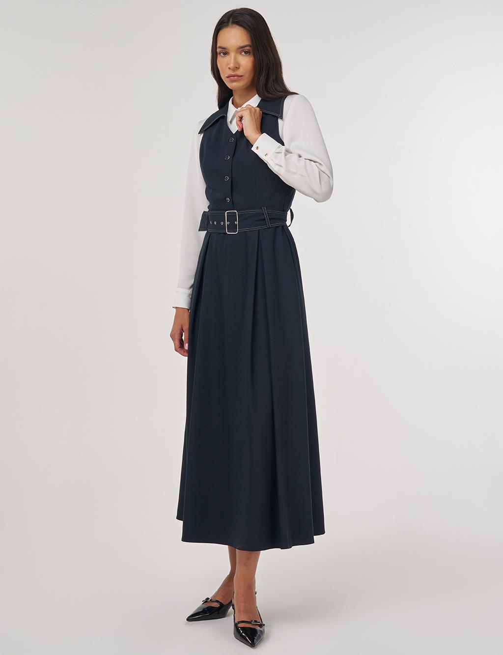 Belted Viscose Dress Dark Navy Blue 