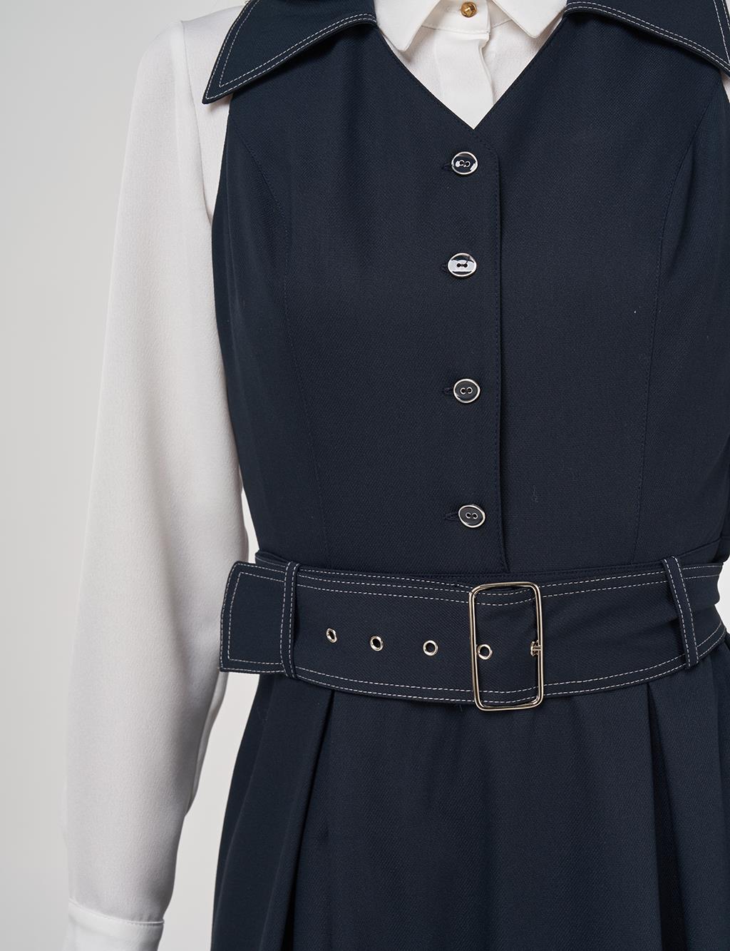 Belted Viscose Dress Dark Navy Blue 