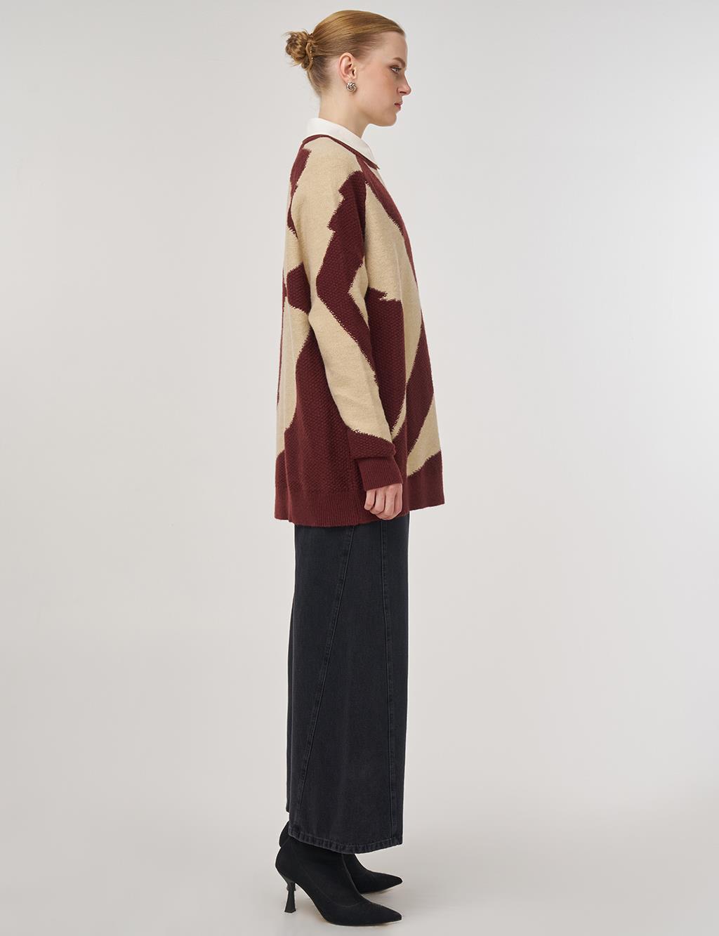 Renk Bloklu Triko Tunik Krem 