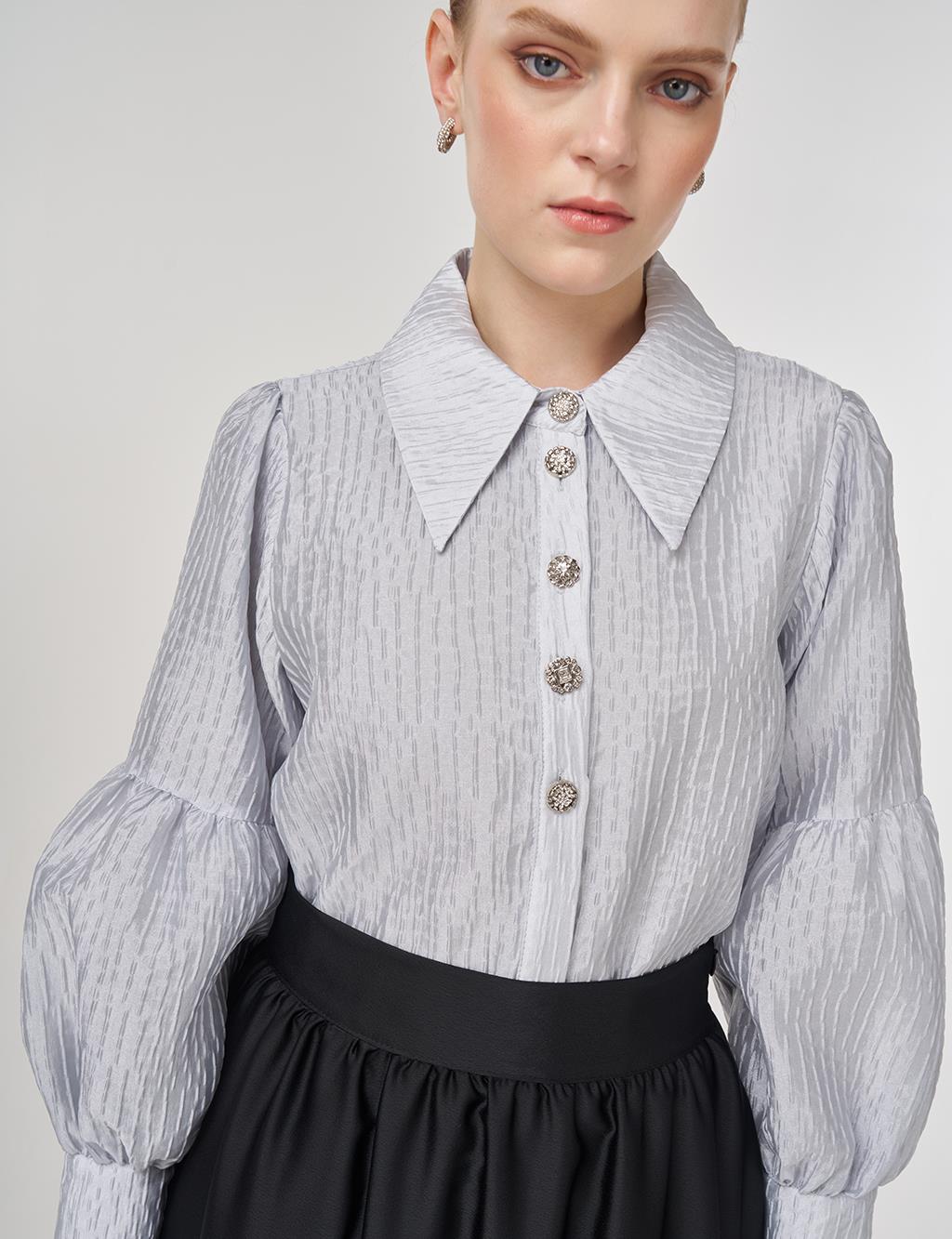 Shiny Button Elegant Blouse Blue 
