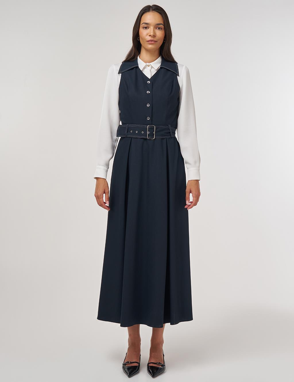 Belted Viscose Dress Dark Navy Blue 