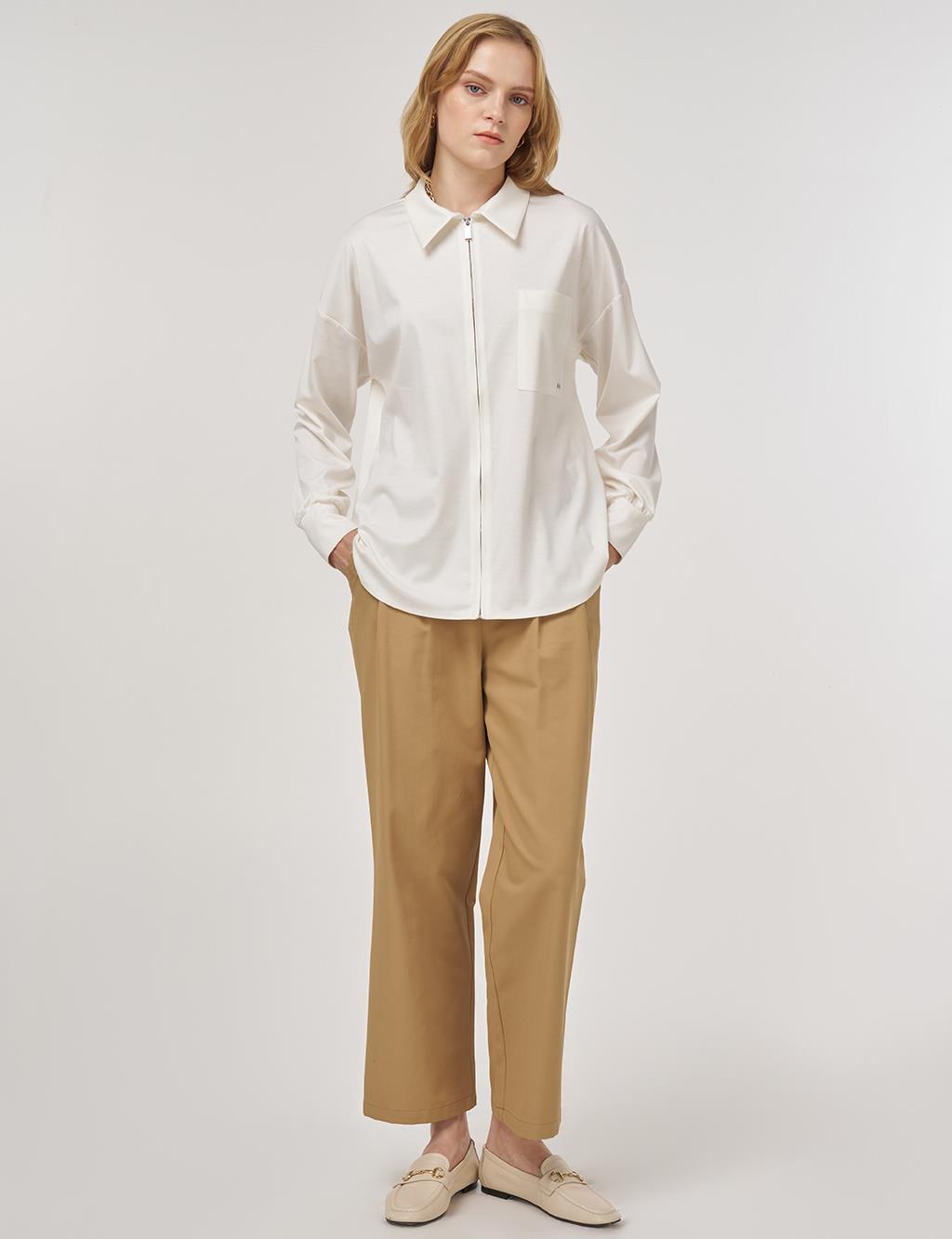 Zip-Closure Jersey Tunic Optical White