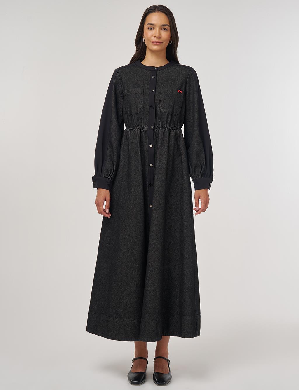 Elastic Waist Denim Dress Black 