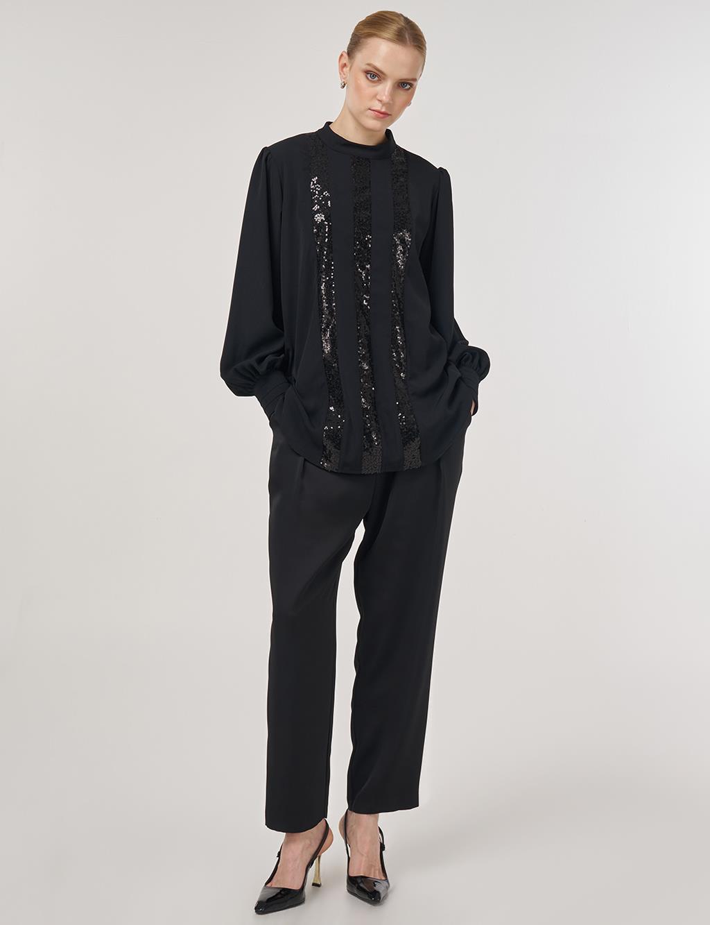 Sequin-Embroidered Elegant Blouse Black