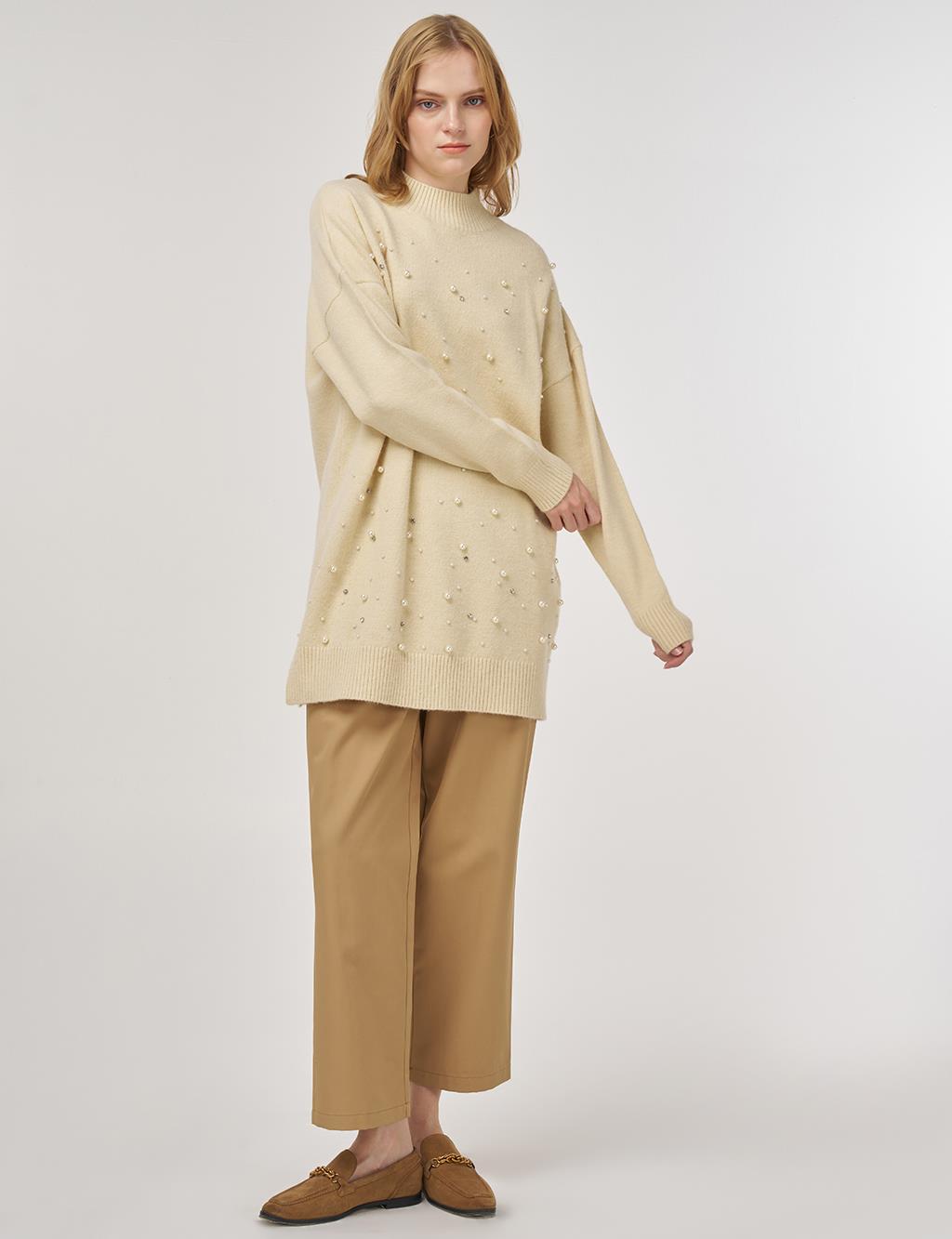 Pearl-Embellished Knit Tunic Cream
