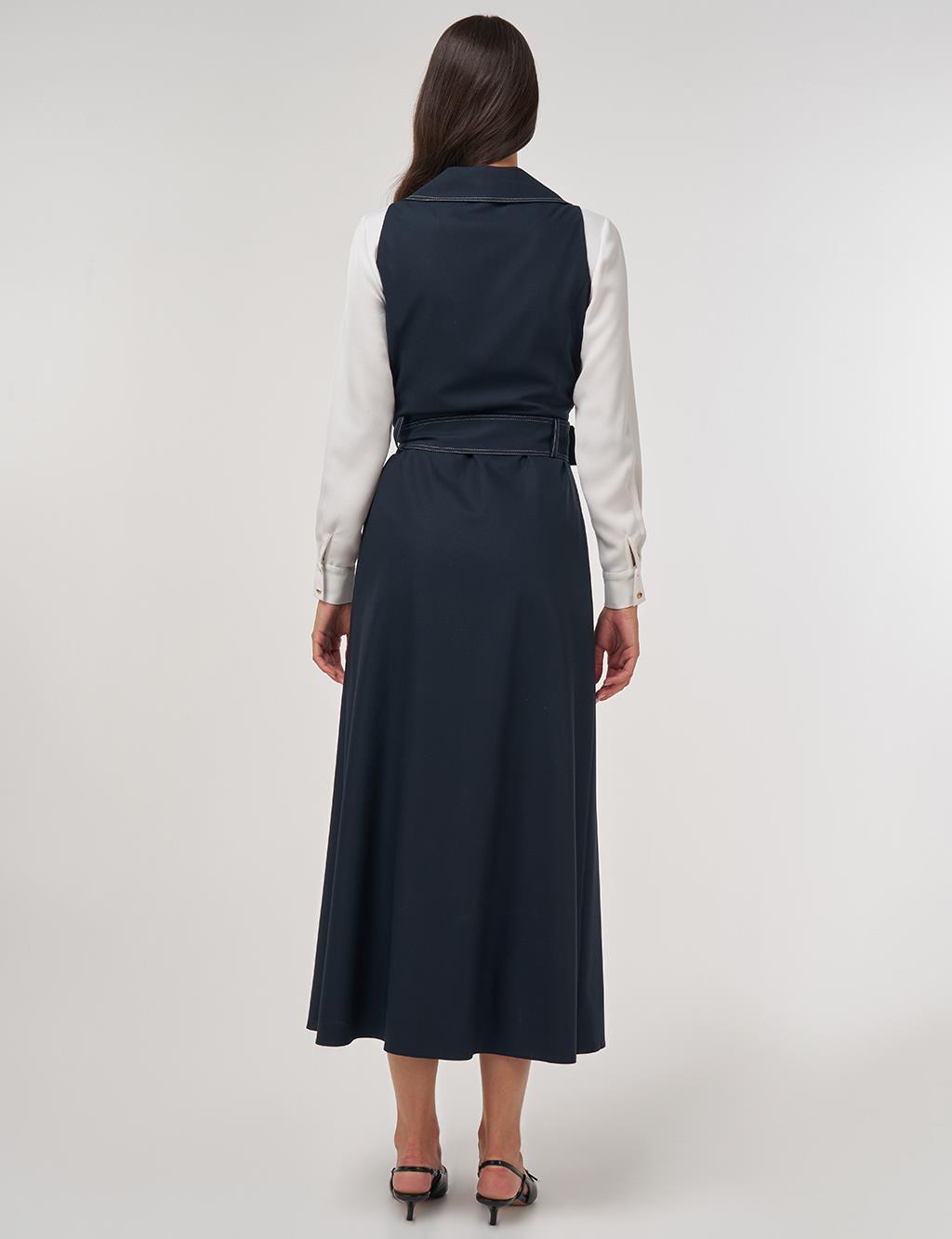 Belted Viscose Dress Dark Navy Blue 