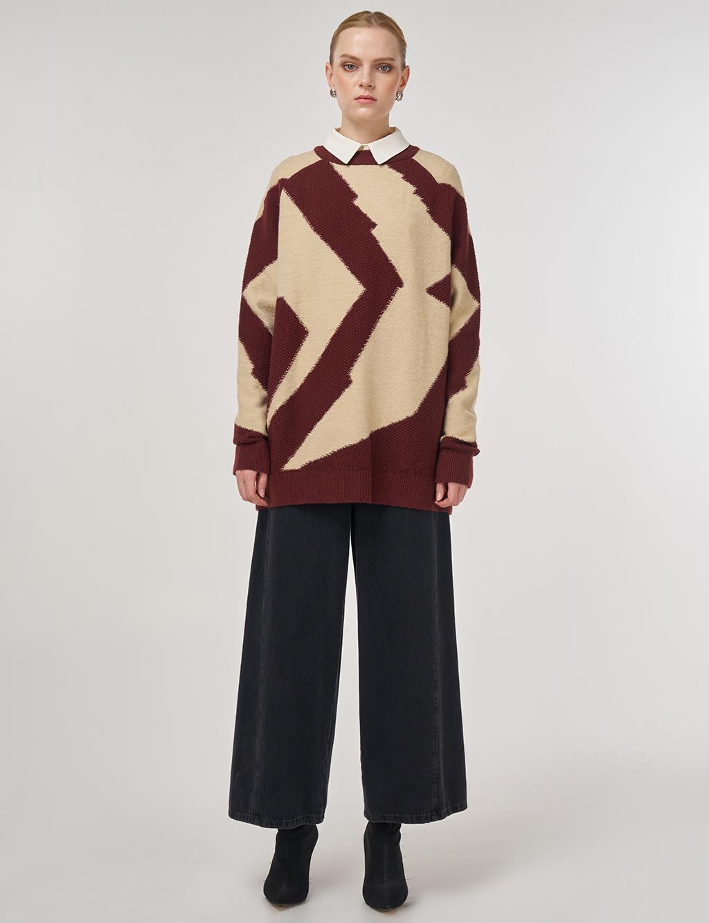 Renk Bloklu Triko Tunik Krem 