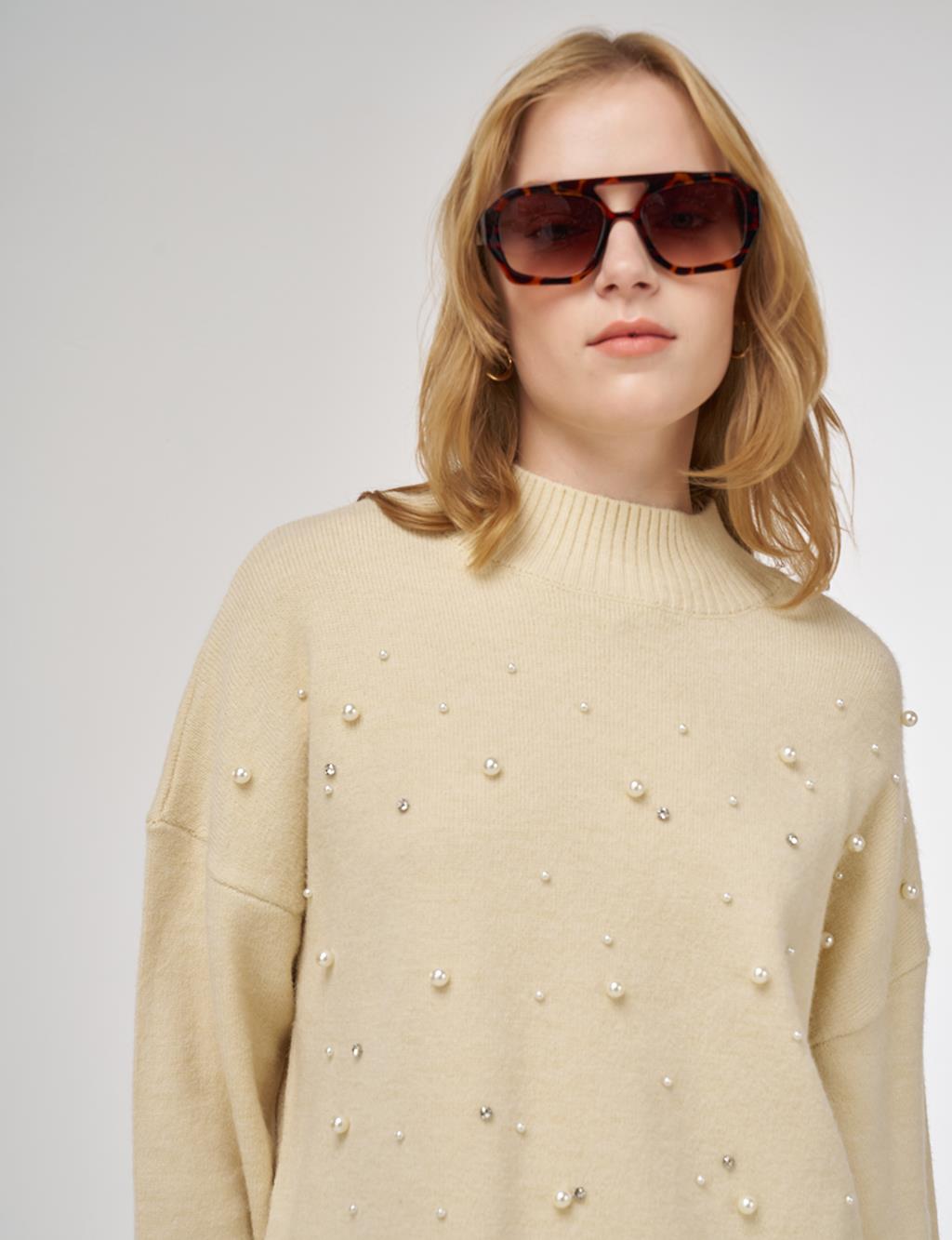 Pearl-Embellished Knit Tunic Cream