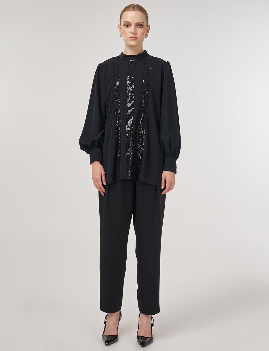 Sequin-Embroidered Elegant Blouse Black