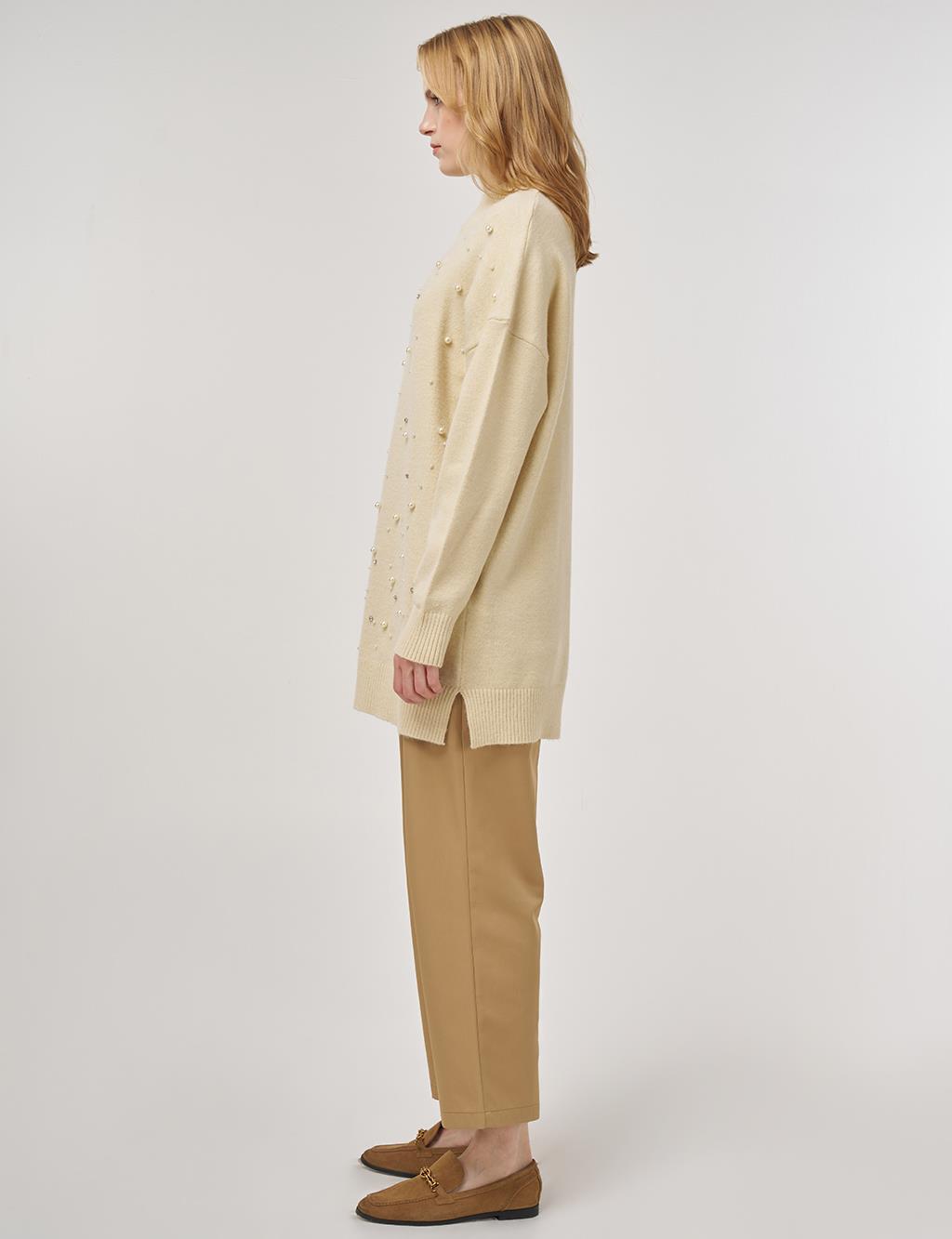 Pearl-Embellished Knit Tunic Cream