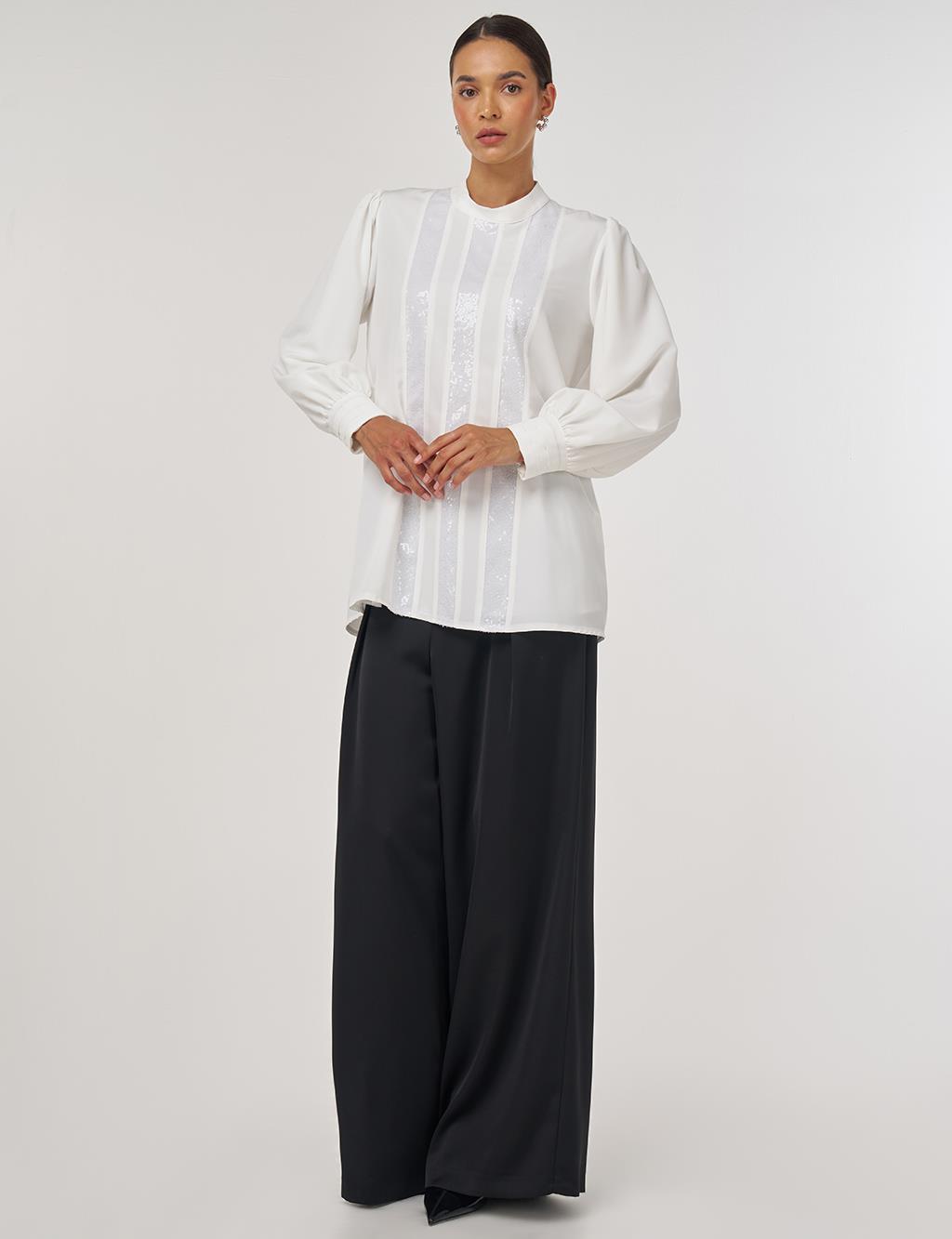 Sequin-Embroidered Elegant Blouse Ecru