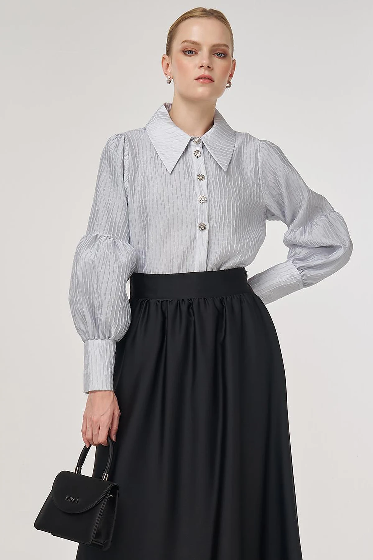 Shiny Button Elegant Blouse Blue 