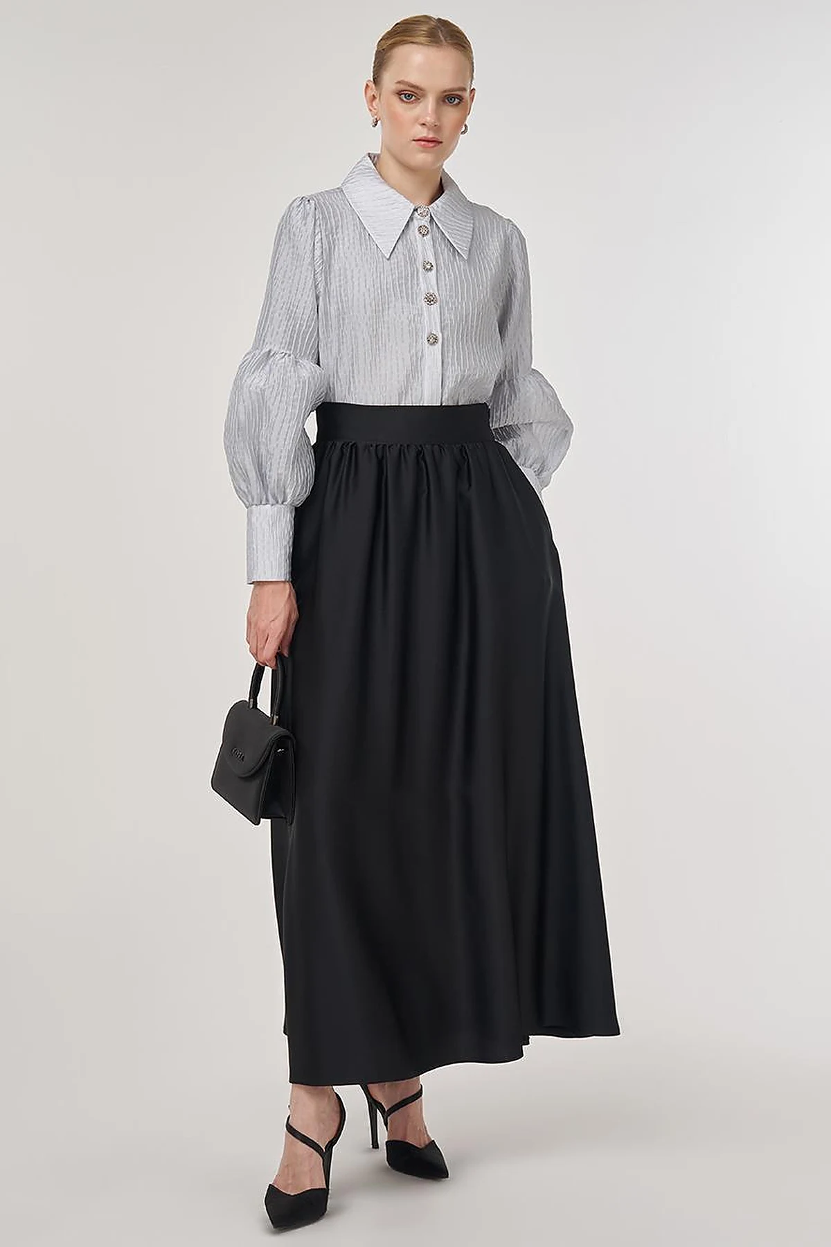 Shiny Button Elegant Blouse Blue 