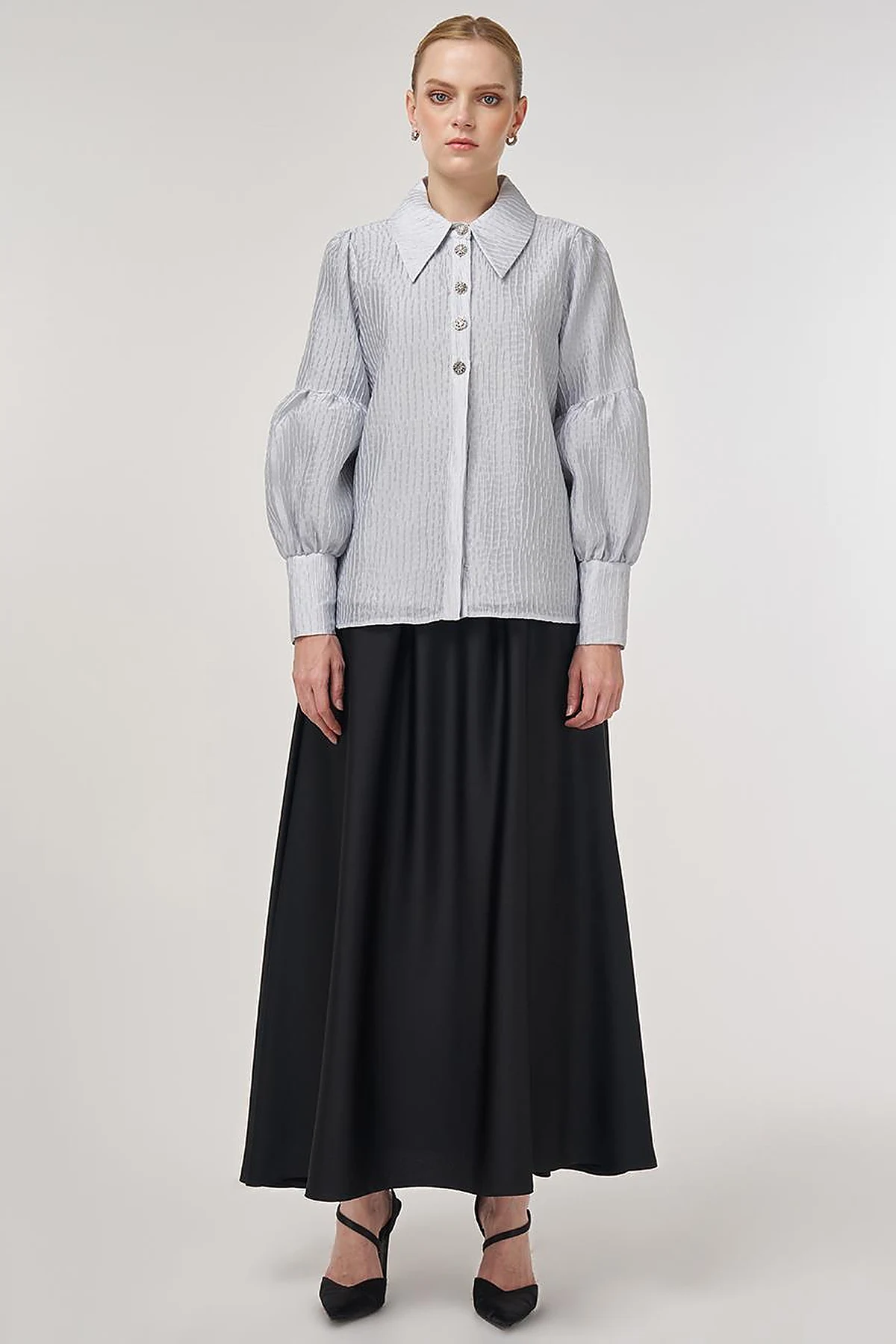 Shiny Button Elegant Blouse Blue 